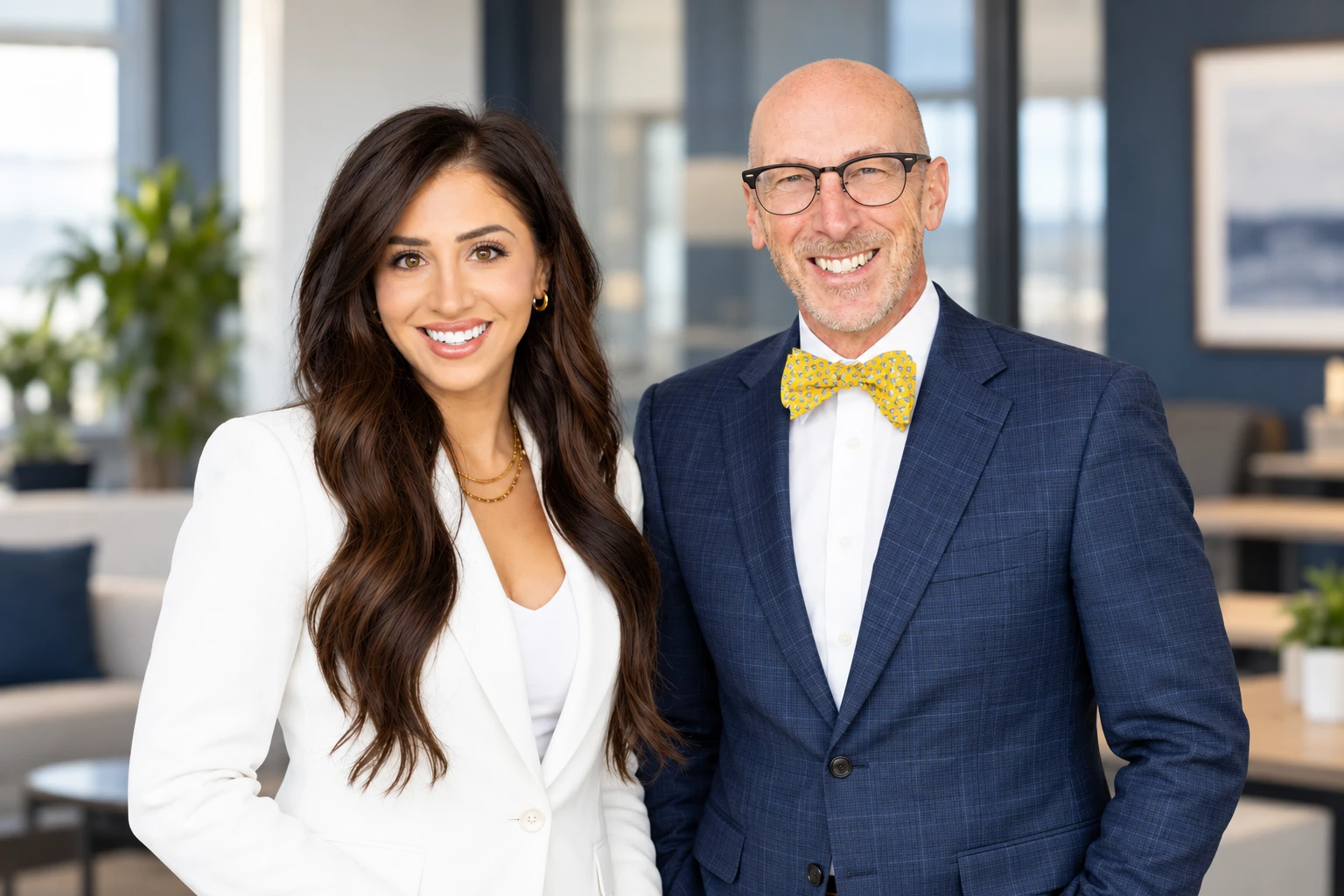 AI-generated concept of Chayce and Chip standing together in a professional office